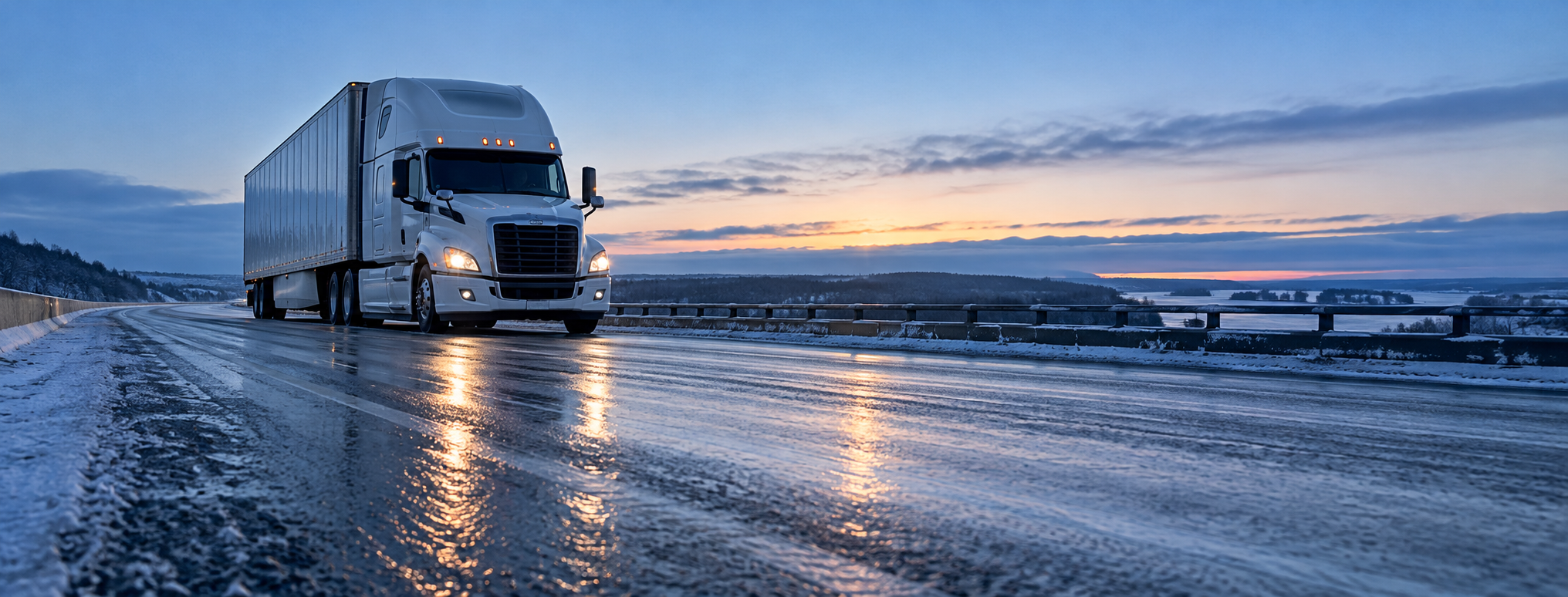 A tractor-trailer moving carefully over an icy bridge at dawn