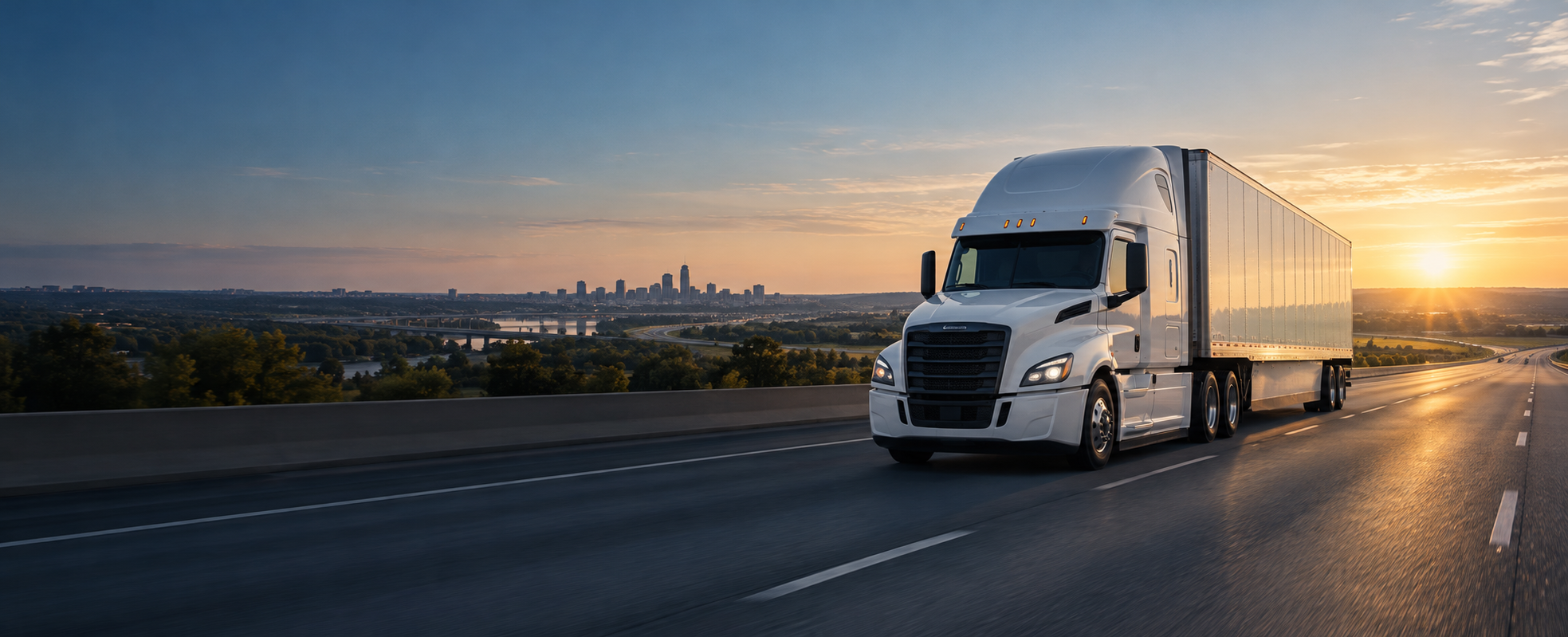 A tractor-trailer on a road that appears clear at sunrise